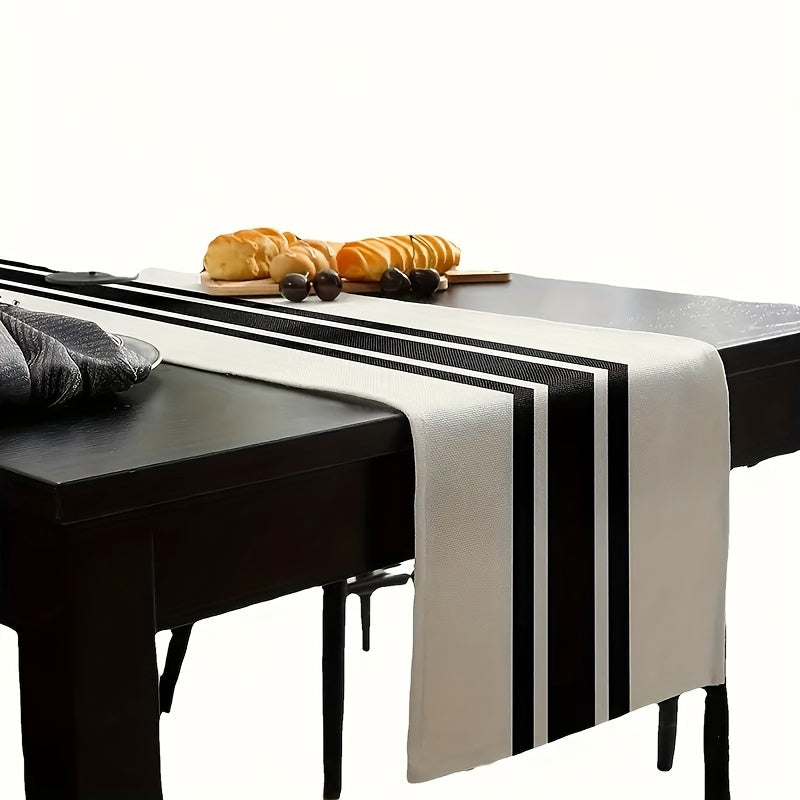 Geometric Stripe Linen Table Runner in Classic Black and White, Perfect for Home Decor and Dining_RDWR.