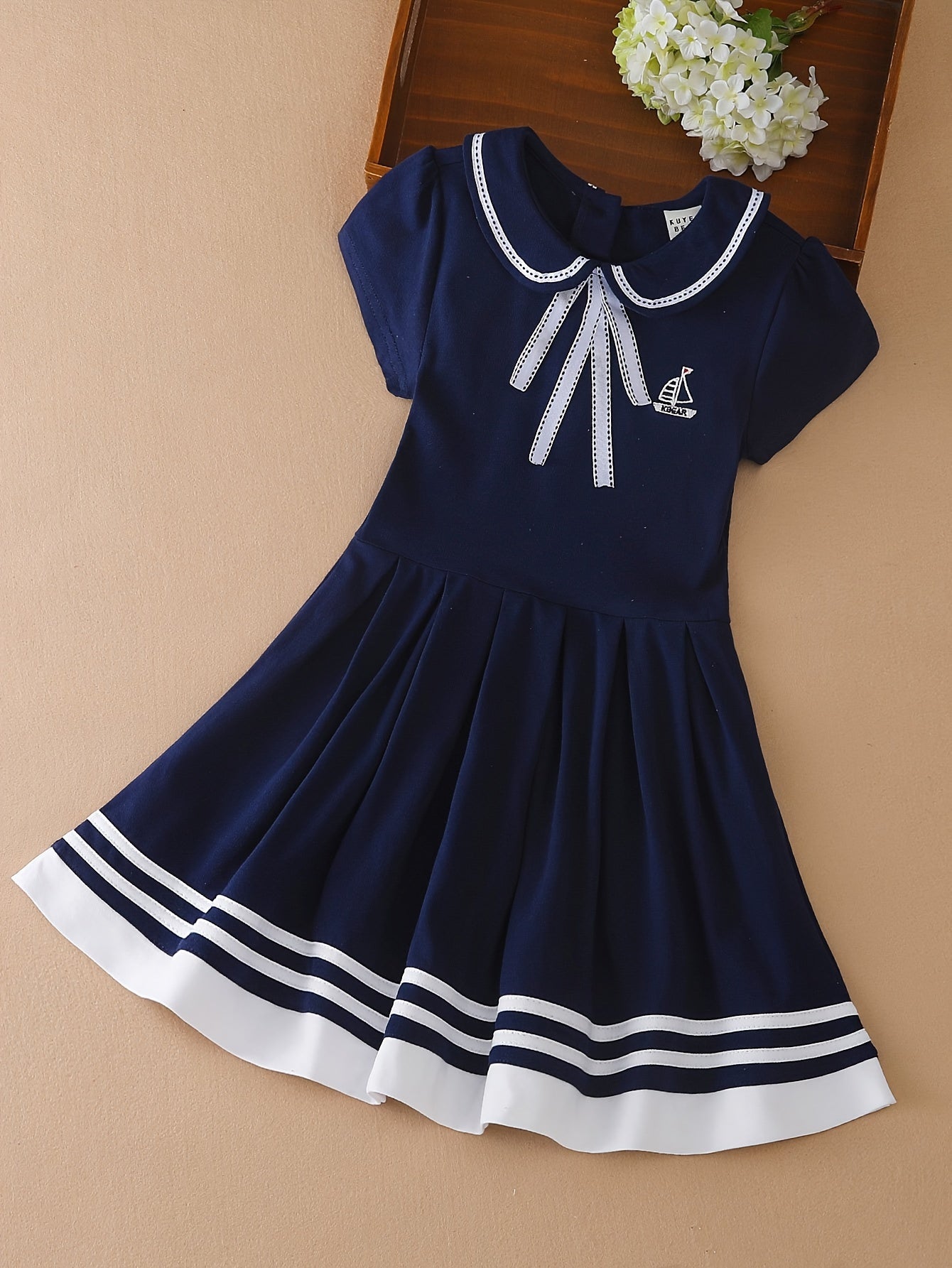 96% Cotton Girls Short Sleeve Dress with Collar Preppy Style for Summer Party Gift