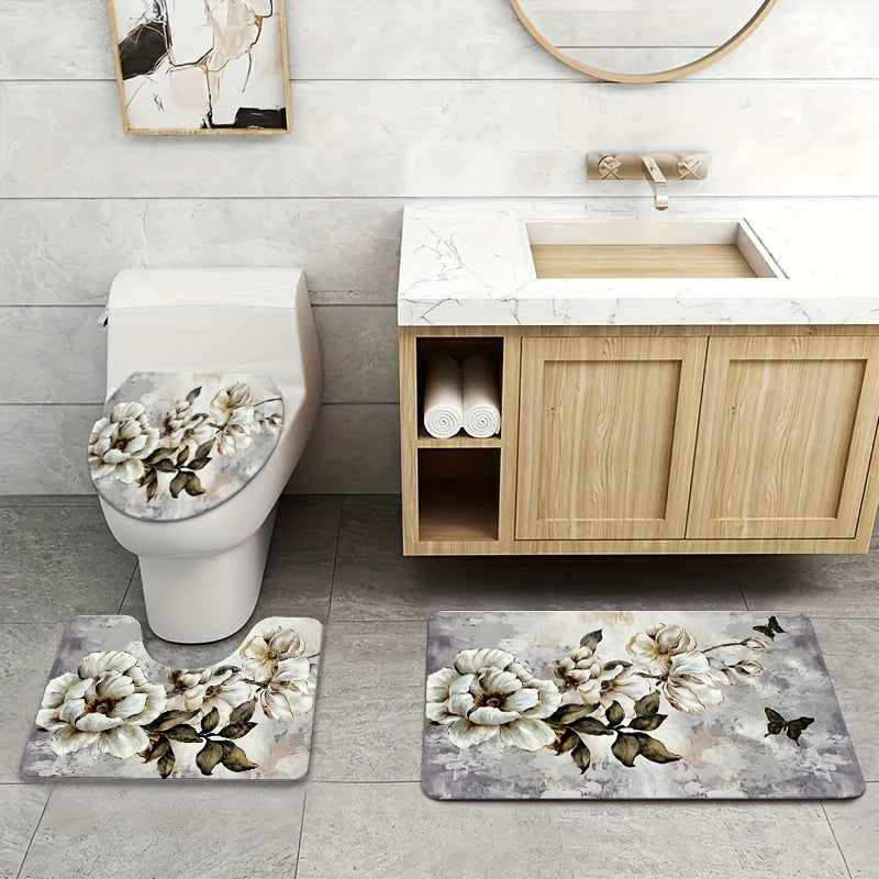 Set of 3 Elegant Floral Bathroom Mats - Made of Soft Flannel, Non-Slip and Absorbent, Includes Toilet Lid Cover, Ideal for Home Decor. Easy to Install with Handles, Machine-Washable. Enhance Your Bathroom Decor with these Stylish Accessories.