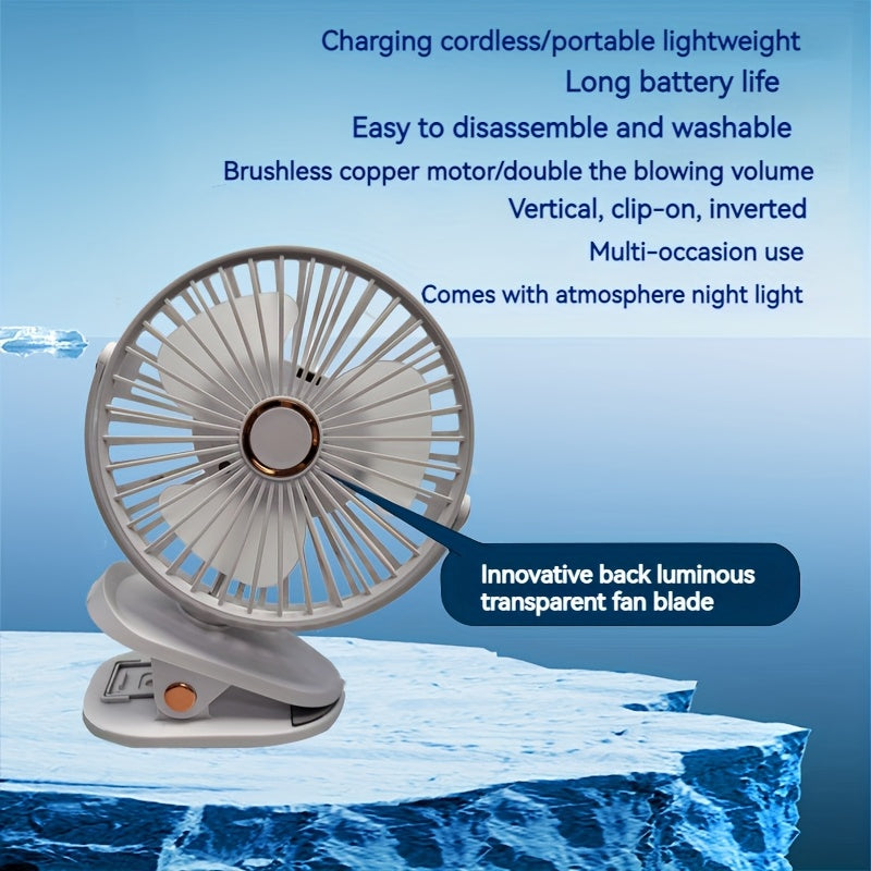 Portable USB Rechargeable Desk Fan with Nightlight - 1 Piece, 5 Speeds, 720° Rotation, Clip-On Design, Quiet Operation, Easy to Clean, Suitable for Indoor and Outdoor Use, Made of Durable Plastic, Includes Push Button Control and Built-in Lithium Battery.