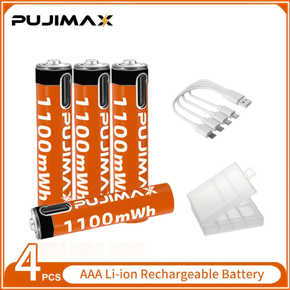 PUJIMAX AAA 1.5V rechargeable battery - Lithium ion with fast USB-C charging for various devices, includes charging cable.