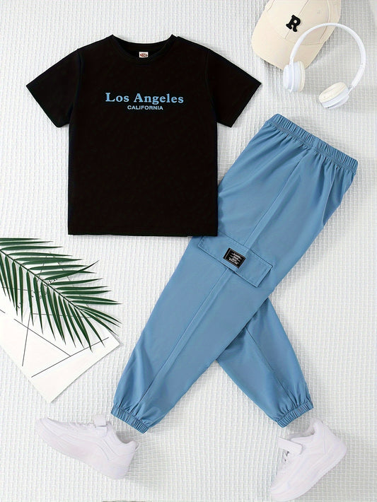 Teenage boys' summer outfit set with round neck printed top and trousers.