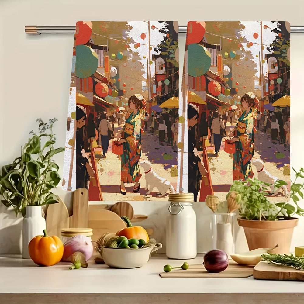 Two pieces of ultra soft kitchen towels perfect for a day of wandering through a local art festival or street fair. These highly absorbent dish hand towels are ideal for holiday decor and are machine washable. Each towel measures 16x24 inches. Item code