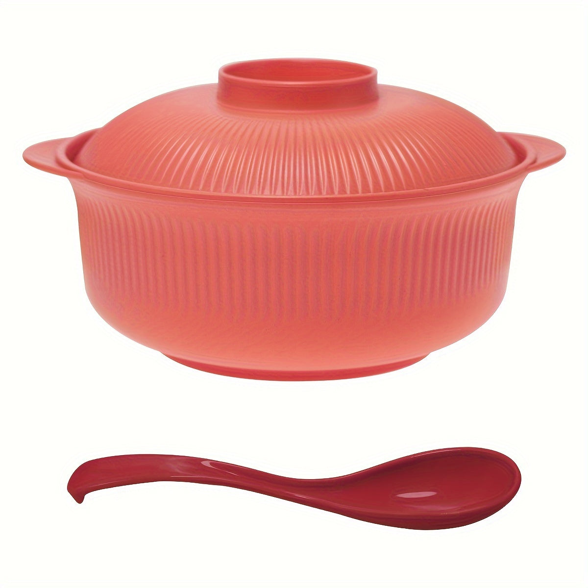 Large capacity casserole-style bowl set with lid, includes long soup spoon. Portable 1100ml/38oz bowl, ideal for Japanese and Korean-style ramen, rice, or lunch. Suitable for family restaurants and student use.