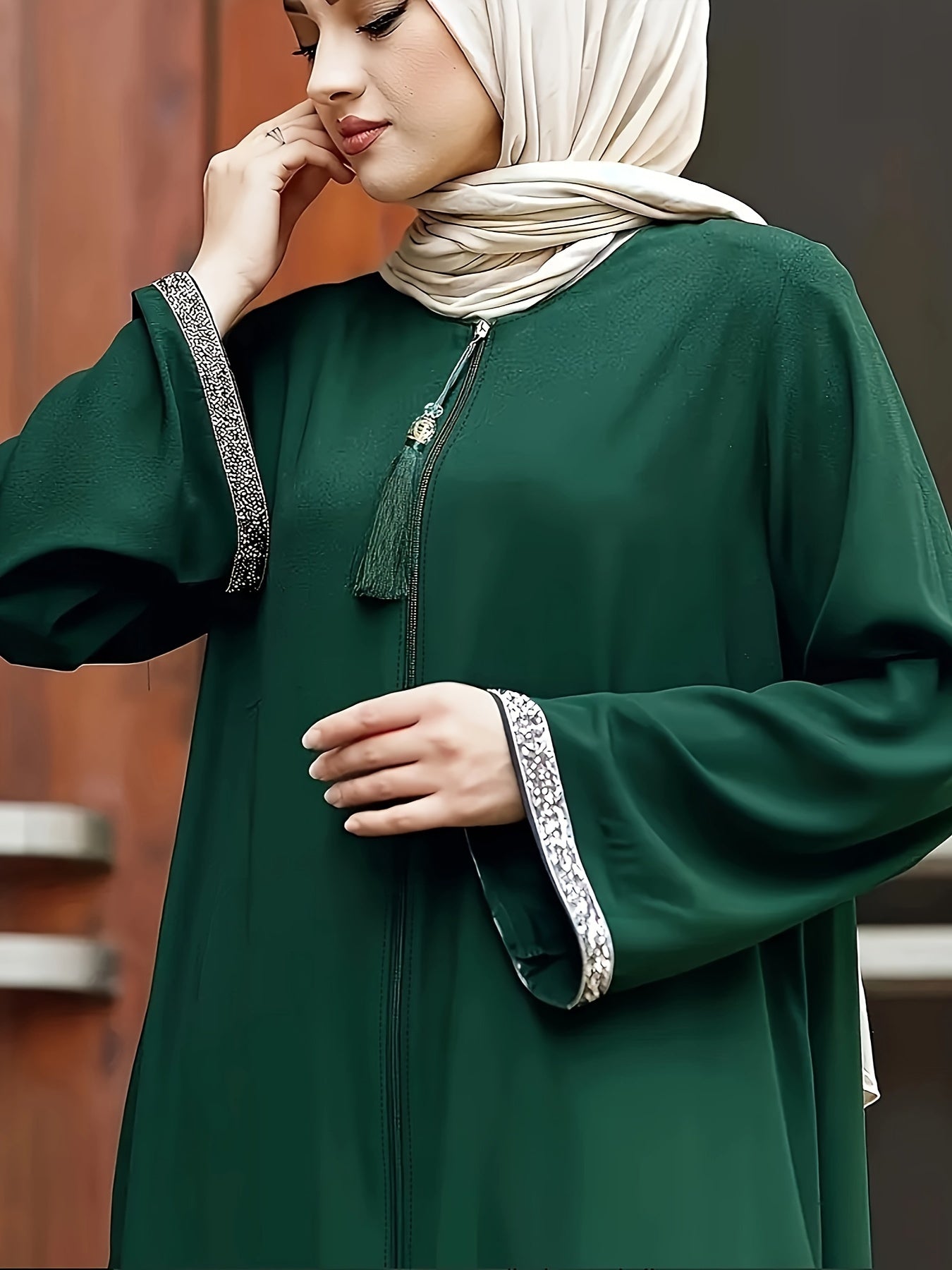 Women's sequined trim long sleeve maxi dress with crew neck, loose fit, and max length - perfect for Muslim attire.