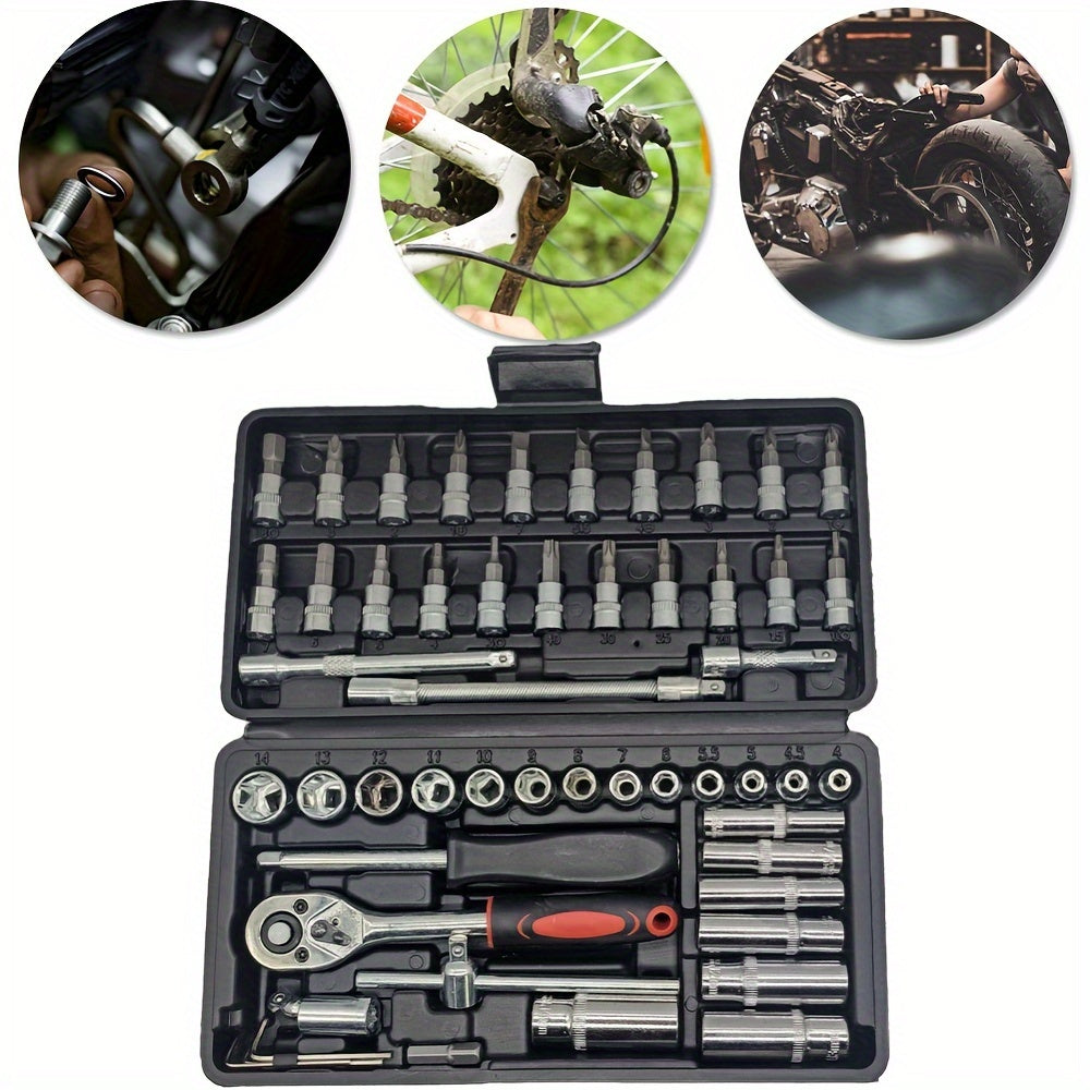 Multi-function tool set made of Chrome Vanadium Steel for various repairs on vehicles and bicycles, including ratchet spanner, sockets, screwdriver bits, and extension rods. Comes with a