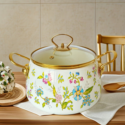 Elegant French Floral Enamel Stove Pot - Perfect for Induction Cooktops, No Electricity Needed - Ideal for Home Kitchen & Dining