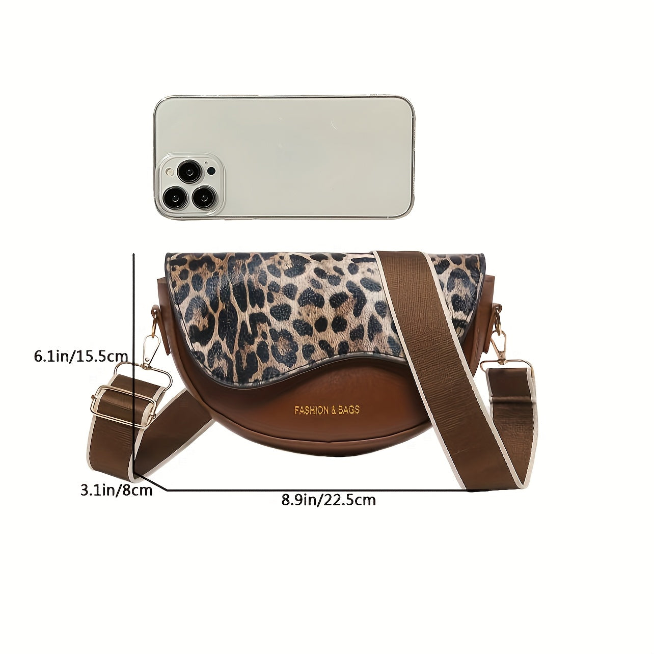 Women's stylish crossbody bag made of synthetic faux leather with leopard print flap and magnetic closure.