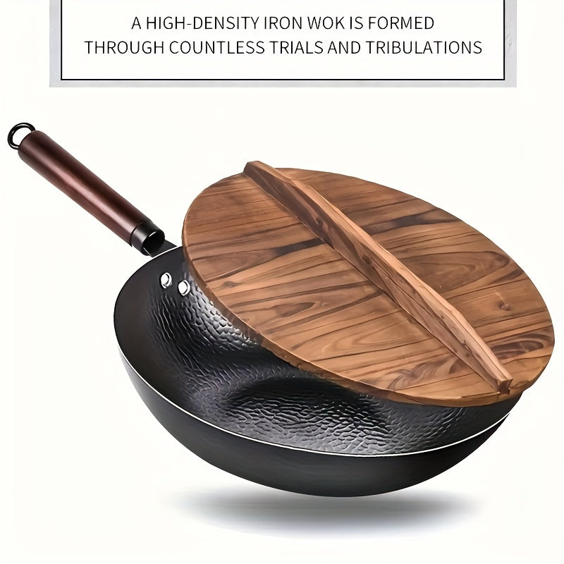 Large 32.0cm Cast Iron Skillet with Cedar Wood Lid - Safe and Natural, Works on Electric & Gas Stoves, Ideal for Cooking & Frying - Must-Have Kitchen Tool, Traditional Chinese Design, Flat Bottom, Cooking Essential