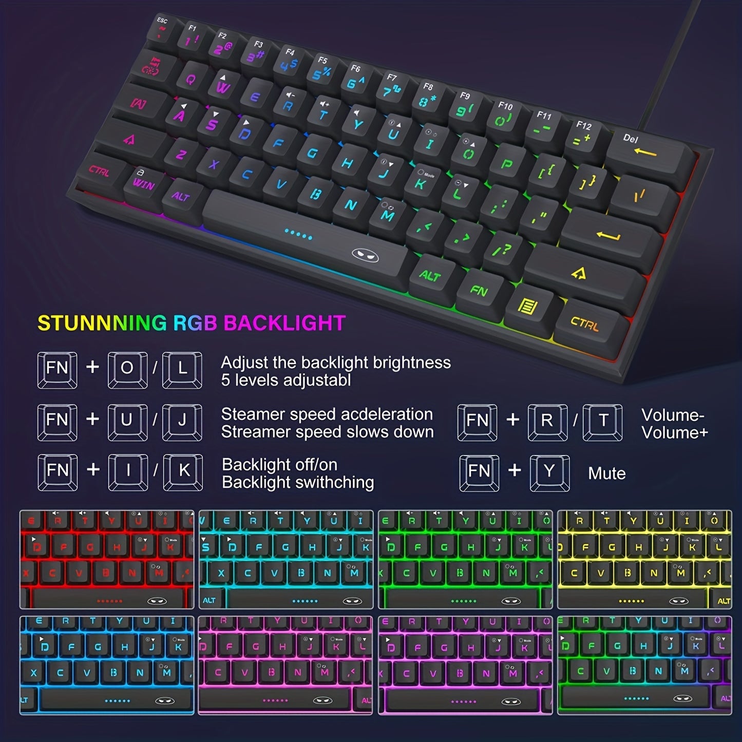 TS91 Мини 60% игровая/офисная клавиатура с проводной RGB подсветкой, совместимая с Windows, Mac и ноутбуками.