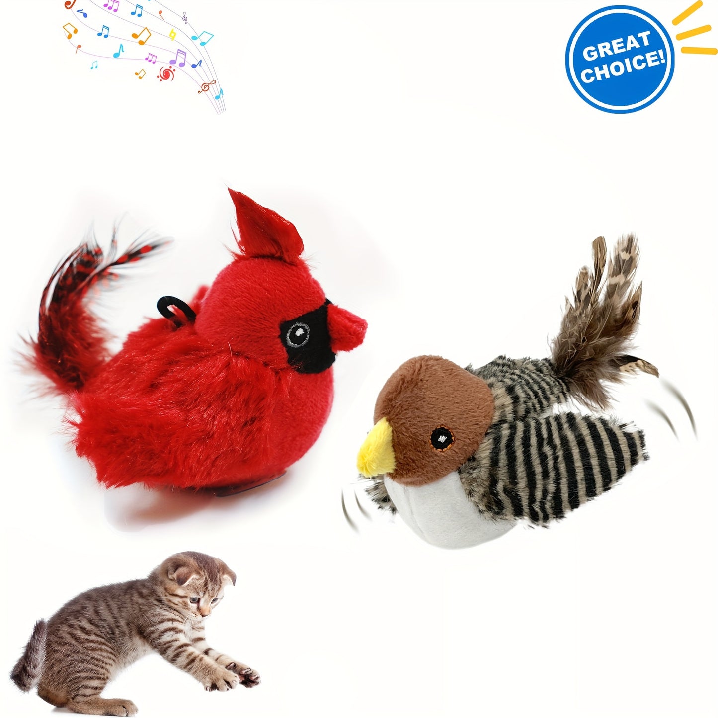 Sparrow-shaped fabric pet toy with animal print, battery-operated. Safe button battery for interactive play with cats of all sizes.