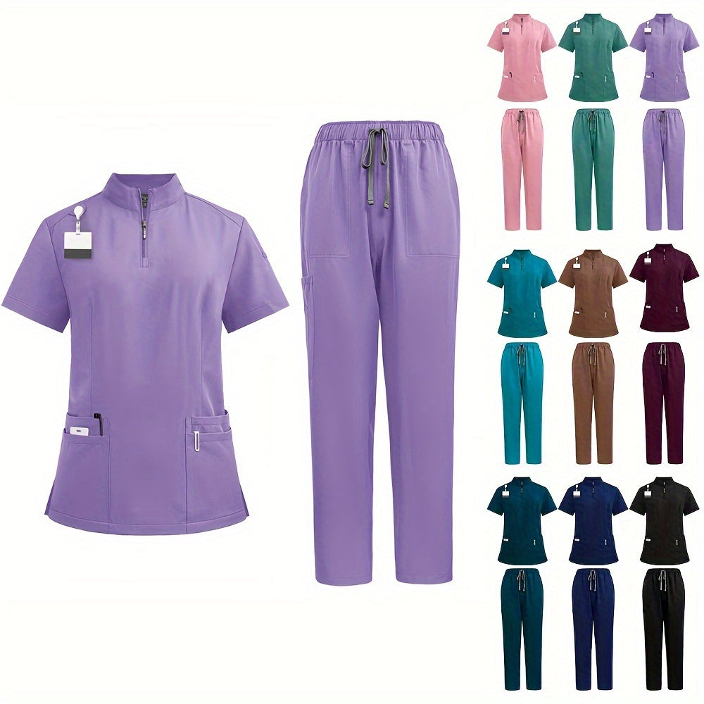 Professional women's ICU nurse scrub set with solid color, stand-up collar, pockets, and comfort fit for dental and surgical use.