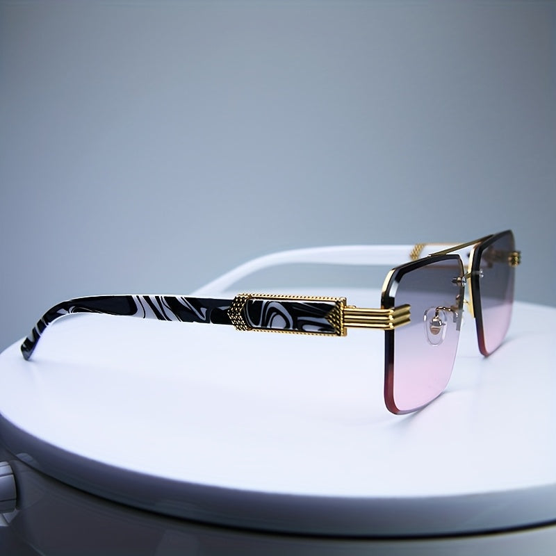 Men's fashion glasses with retro design, diamond cut edges, marble wood accents, ideal for activities, with rectangular rimless design.