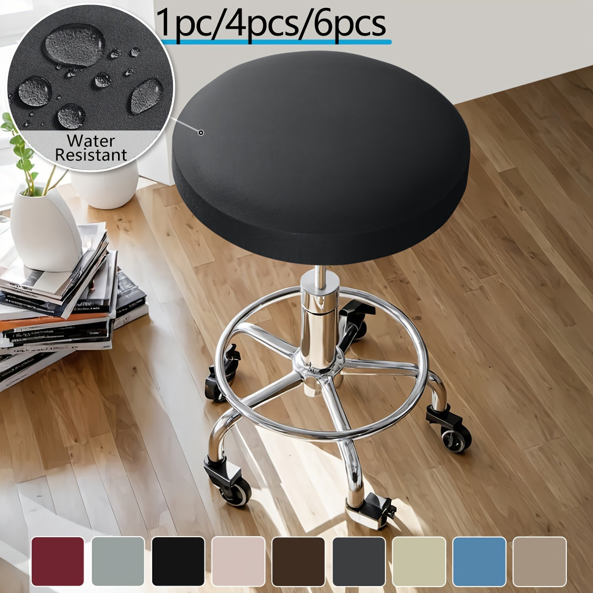 Classic solid color round stool cover in 1pc, 4pcs, or 6pcs options. Made of high elastic material that is clear and natural, dustproof, soft, and adhesive. Suitable for various round chairs. Weighs 120gsm.