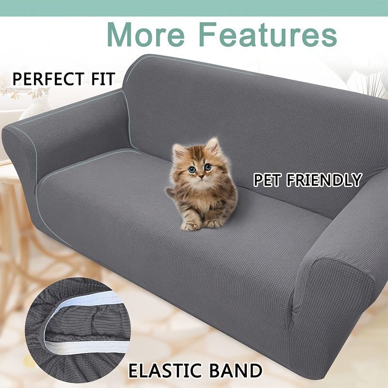 Thickened jacquard sofa cover with full coverage elastic, suitable for one to four-seater sofas. Protects against cat scratches and can be used in living rooms, dining rooms, bedrooms, and other home decor settings.