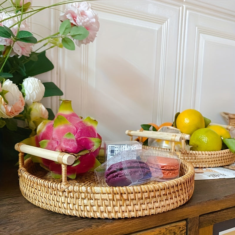 Handcrafted Rattan Serving Tray with Double Handles - Ideal for serving tea, fruit, bread, snacks, and as a storage basket or trivet mat. A versatile addition to your home kitchen essentials.