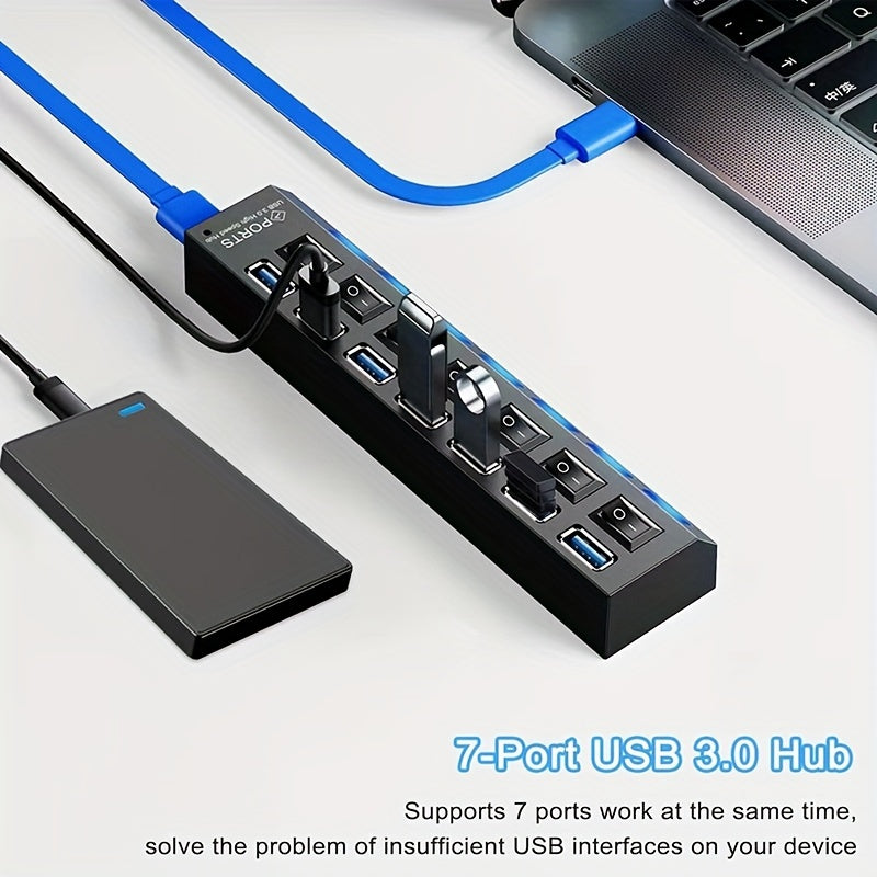 USB 3.0 хаб с 7 портами, светодиодный переключатель, быстрая передача данных, универсальная совместимость, прочный дизайн, не требуется батарея.