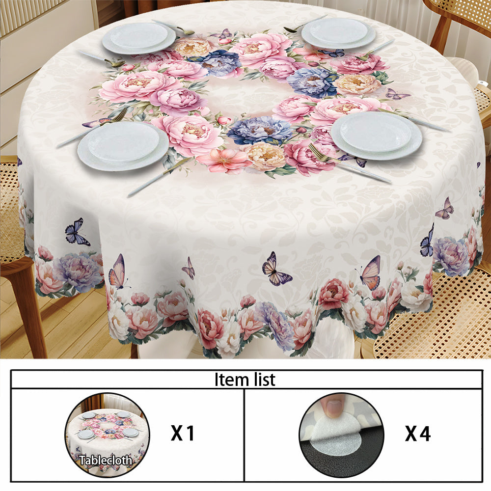 Rectangular polyester tablecloth with spring floral peony and butterfly rose design, machine-woven for indoor/outdoor parties and home decor. Perfect Easter spring decor gift.