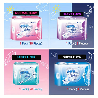 5 packs of ultra-thin winged sanitary pads for women, individually wrapped and unscented.