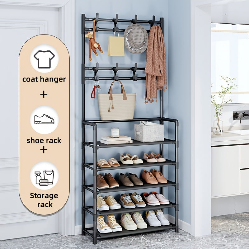 A versatile 1-piece Shoe Rack and Coat Rack that is easy to assemble and perfect for organizing your shoes, hats, and bags. Ideal for use in your home, dormitory, living room, entrance hall, or bathroom. Features 5 layers and measures 60cm in length