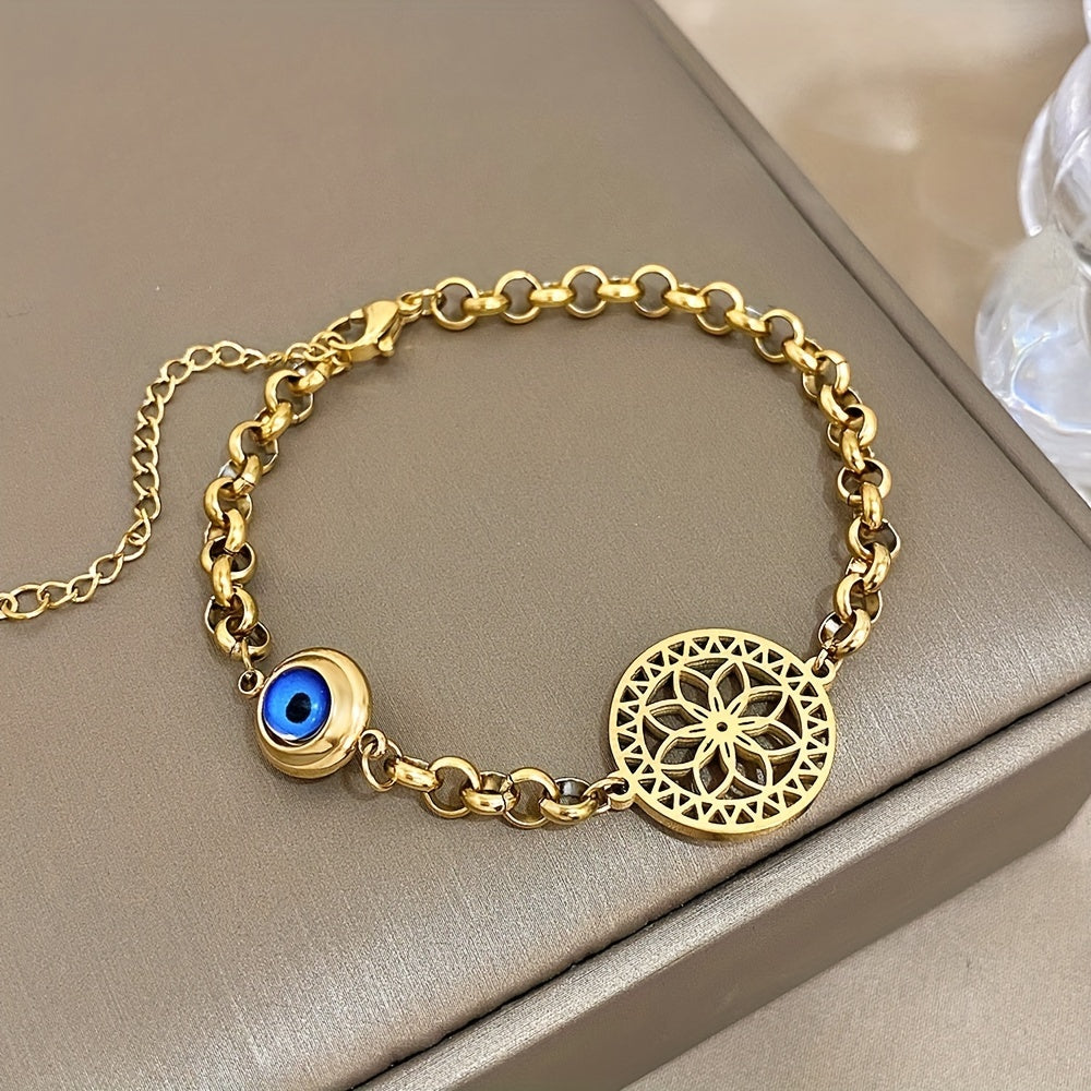 Golden-tone stainless steel bracelet featuring an Evil Eye and Flower of Life design, waterproof and perfect for winter and New Year fashion for women.