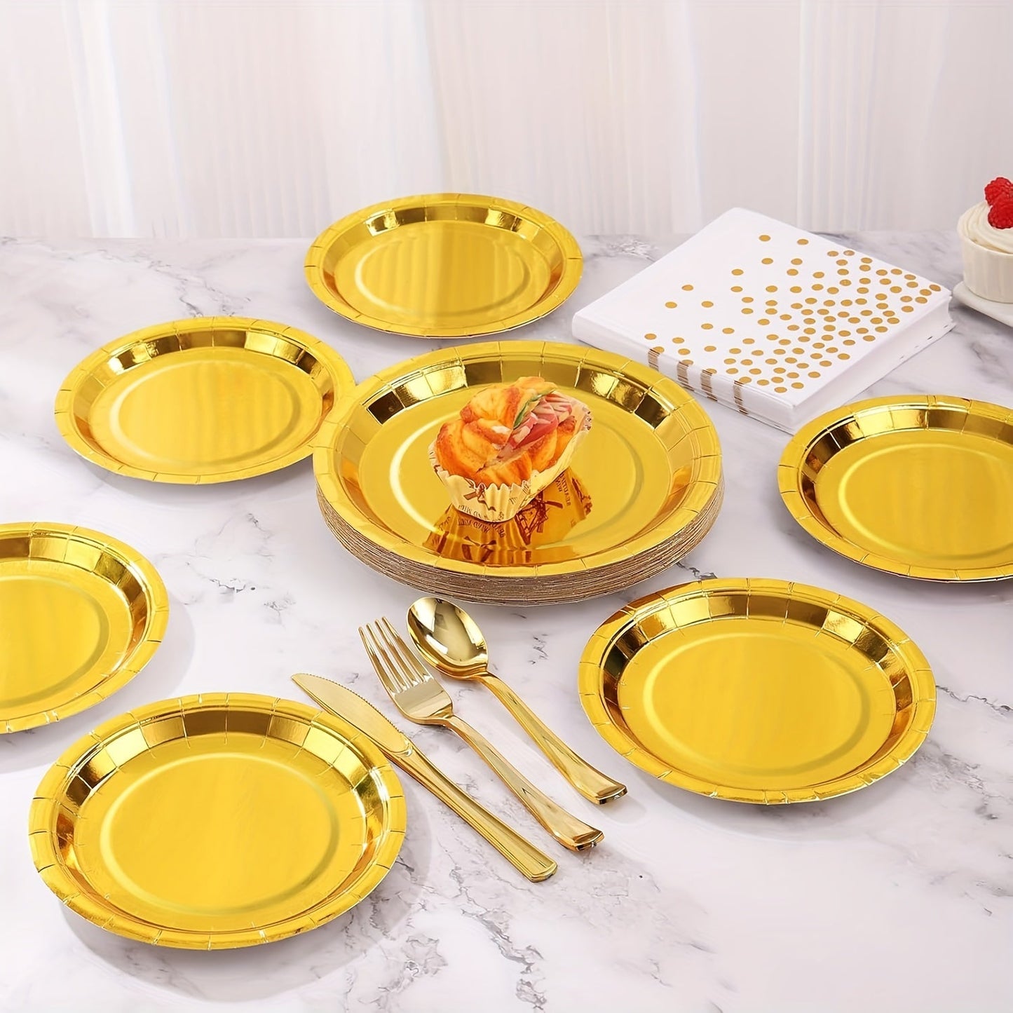 Golden Aluminum Plates, available in packs of 10 or 20, in sizes of 17.78cm or 22.86cm, perfect for all occasions. These round foil disposable party plates are uncoated and can be used for serving dessert, cake, or dinner. Ideal for Christmas, Halloween