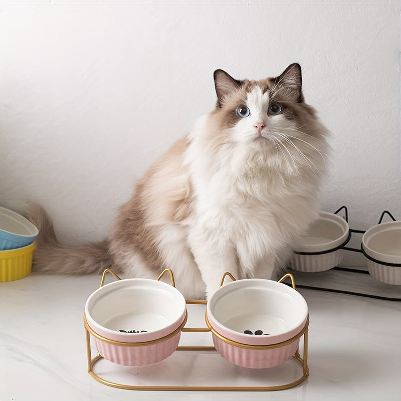 Set of non-slip ceramic cat food and water bowls with iron bracket promotes healthy eating and reduces neck strain.