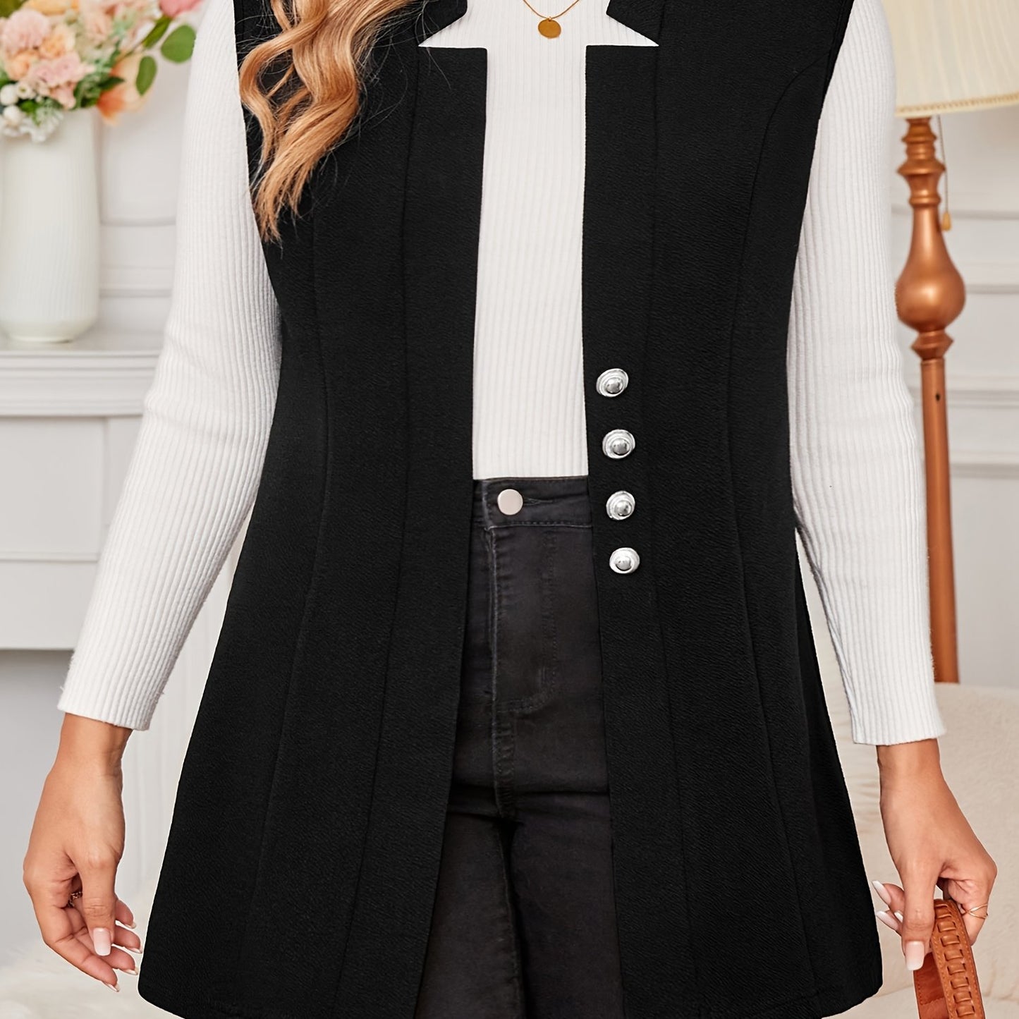 Plus Size V-Neck Lapel Vest - Solid Color Sleeveless Blazer with Button Detail