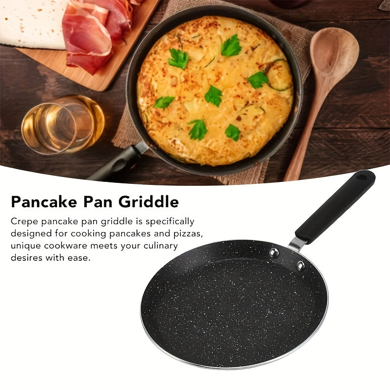 Stainless steel crepe pan with wooden spatula, non-stick granite coating, 26.67 cm, lightweight, rust resistant, induction compatible.