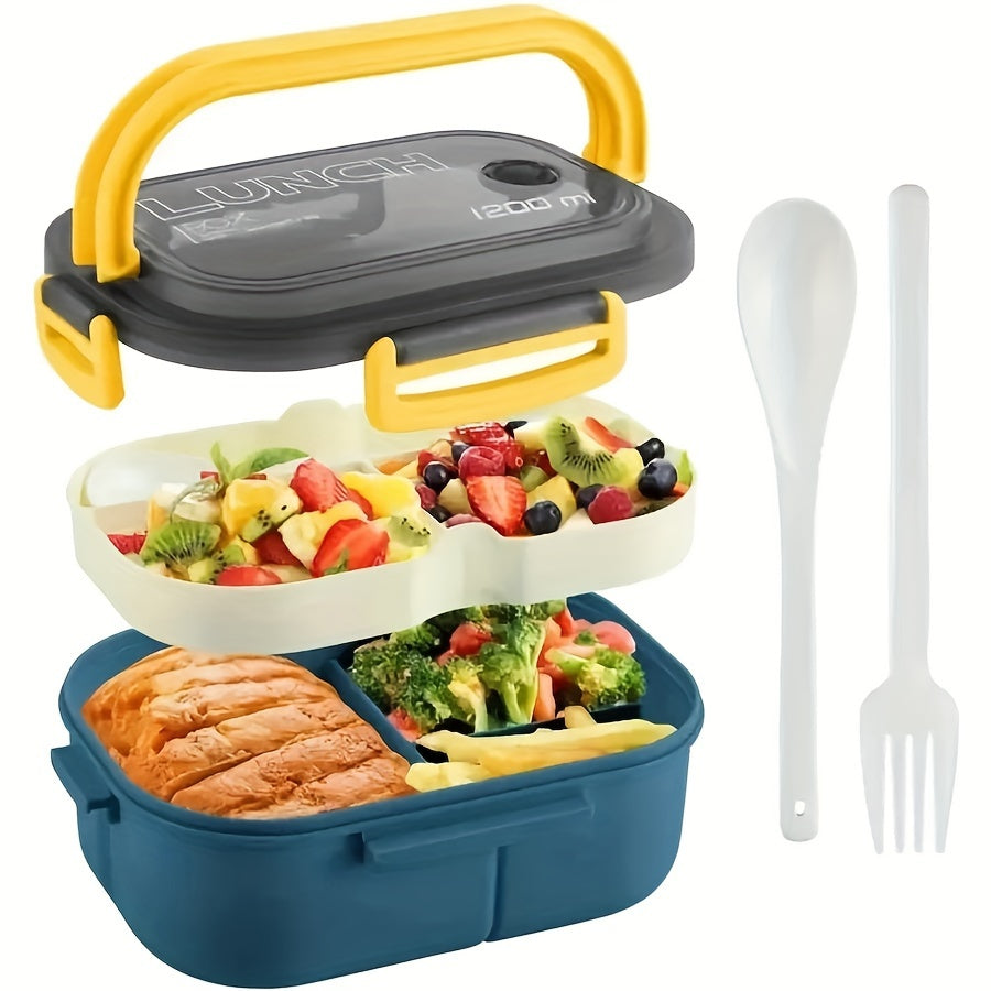 Two-Layer Bento Lunch Box with Fork and Spoon - 1200ml Capacity, Suitable for Microwaving, Ideal for Students and Office Workers, Made with Fresh-Keeping Plastic