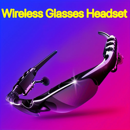 Wireless Glasses Headset with hands-free call, volume control, USB charging, condenser mic, & active noise cancellation. Push-button control, compatible with cellphones. Open-back earcup