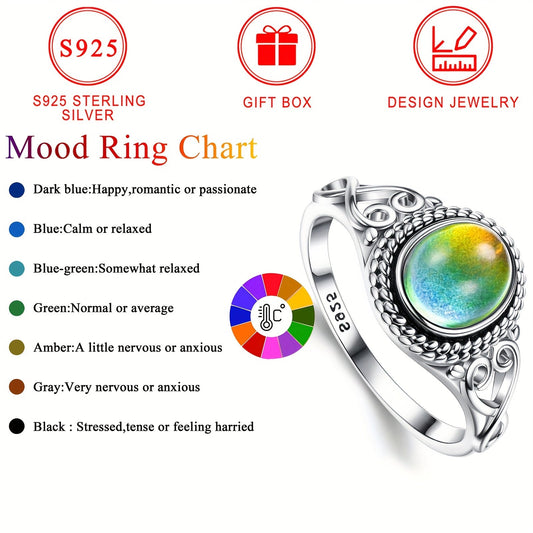 Victorian-inspired 925 Sterling Silver Mood Ring with Color-Changing Stone - Elegant Vintage Style, Perfect for Everyday Wear and Special Events, Includes Gift Box