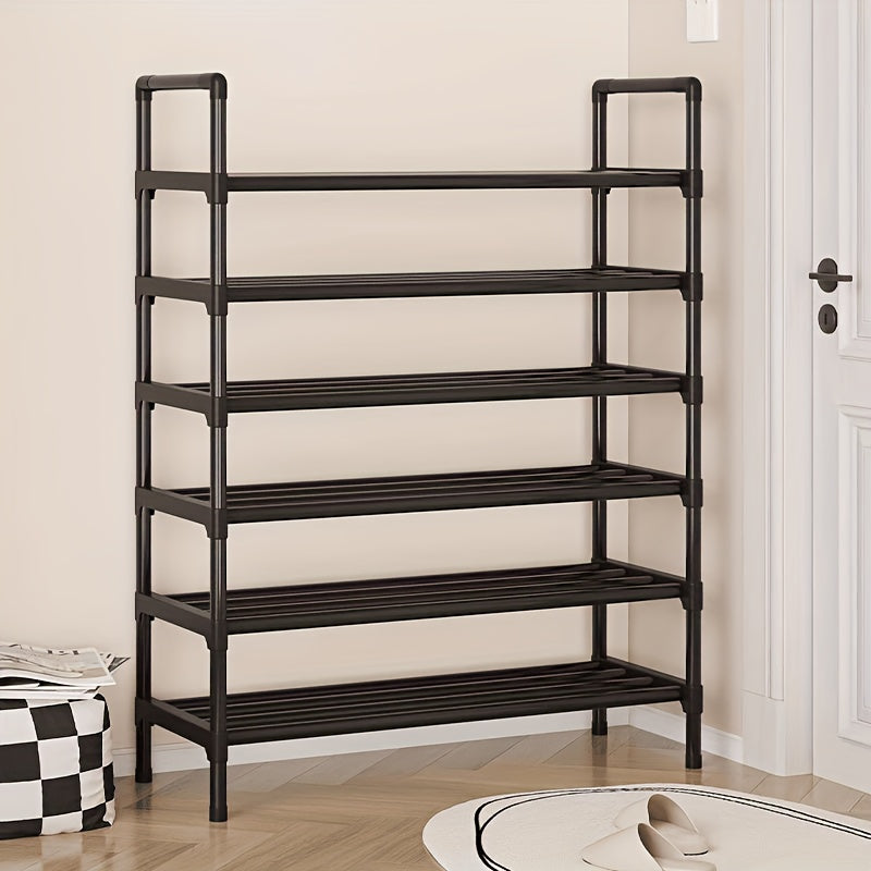 Upgrade your shoe organization with this sleek black metal and plastic shoe rack. With six tiers, it provides ample storage space for all your shoes, whether in the entryway, bedroom, or even outdoor. This stackable and freestanding shoe organizer is