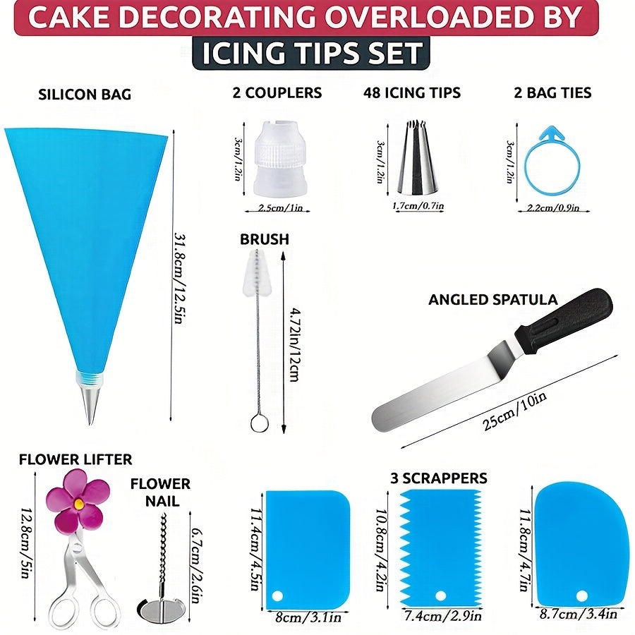 This cake decoration set includes 74 out of 100 pieces, featuring a variety of baking tools such as 48 stainless steel decorative tips, 50 thickening disposable decorative bags, cake scraper, spatula, recycling decorative bags, decorative scissors