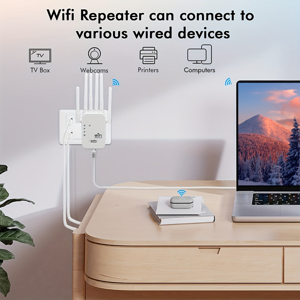 Introducing the 2024 Wifi Extender with Wifi 6, 1200Mbps speed, 6 antennas, AP mode, and Ethernet ports.