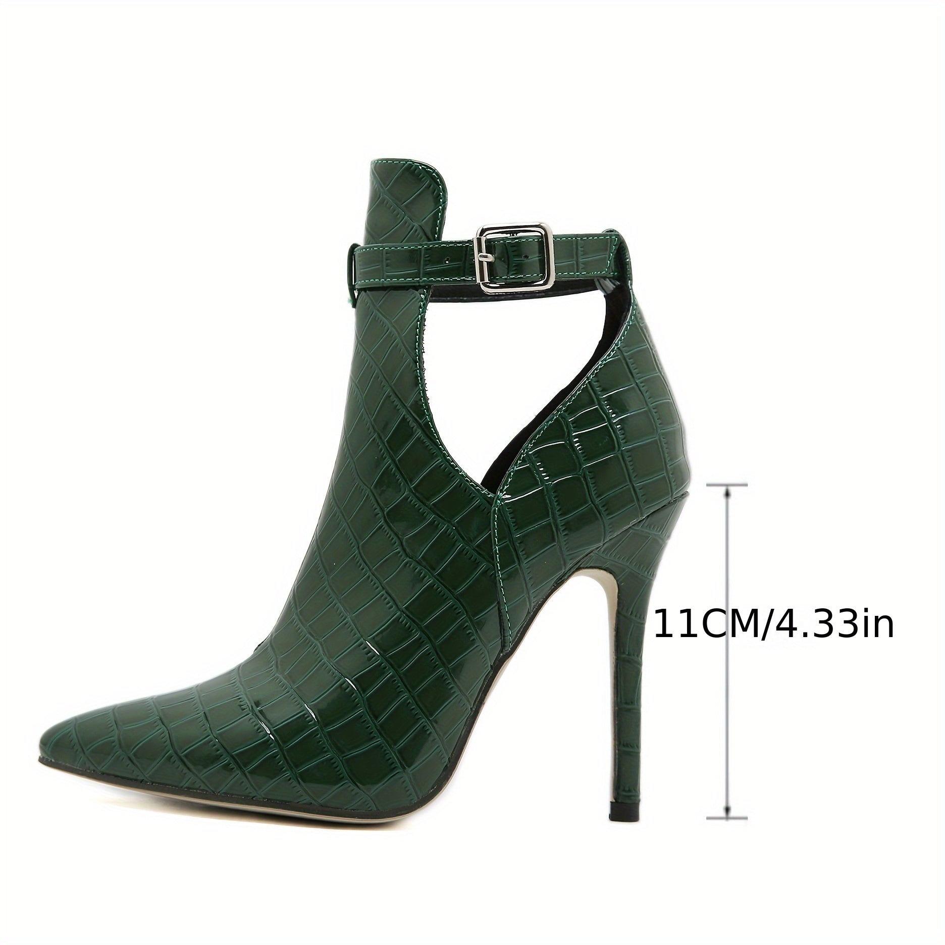 Women's green crocodile pattern ankle boots with stiletto heel, belt buckle detail, pointed toe, synthetic material, non-washable, all-season, rubber sole, and fabric insole.