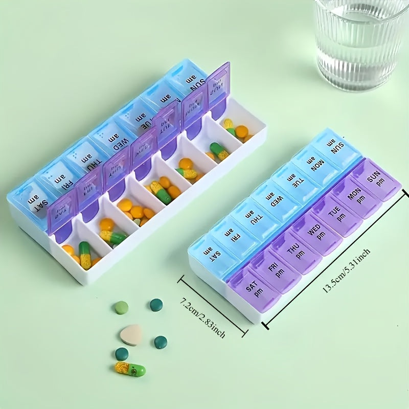 Portable 7-day pill organizer with dual-color compartments made of plastic.