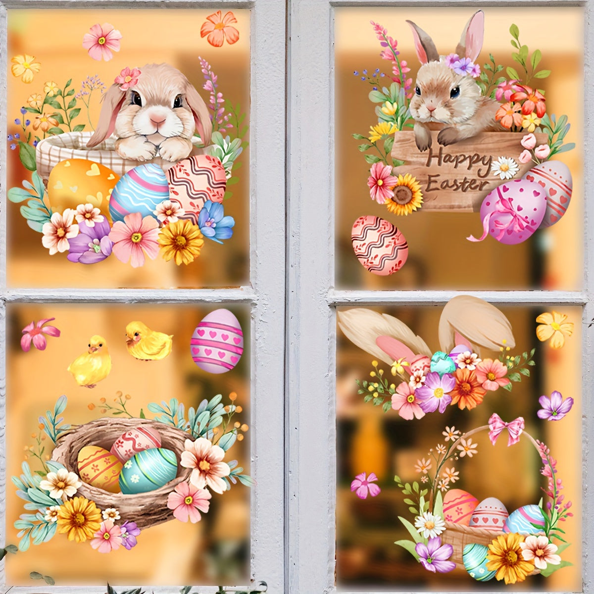 DJ8019-NH Easter Bunny and Eggs Window Clings feature a contemporary style design made of PVC static cling material. These decals are reusable and have a double-sided print. They are 5mil thick and come in an irregular shape, measuring 30x60cm. Perfect