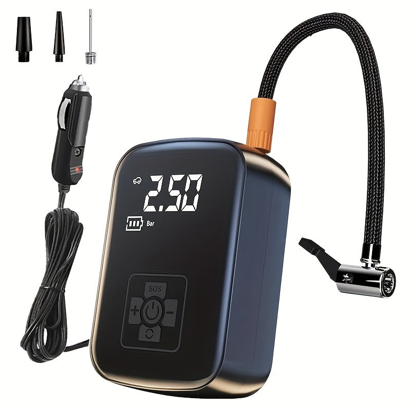 150W portable car tire inflator with LED light, USB rechargeable, safe and efficient for various inflatables.