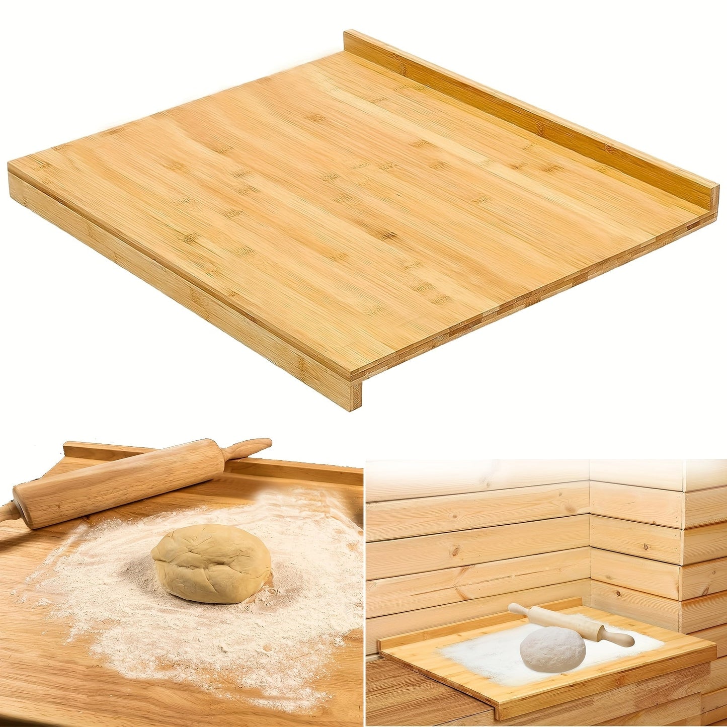 Large double-sided kitchen board made from eco-friendly bamboo with a reversible pastry mat and edge for tabletop stability. Features a lip design and is food-safe for use as a dough rolling board.