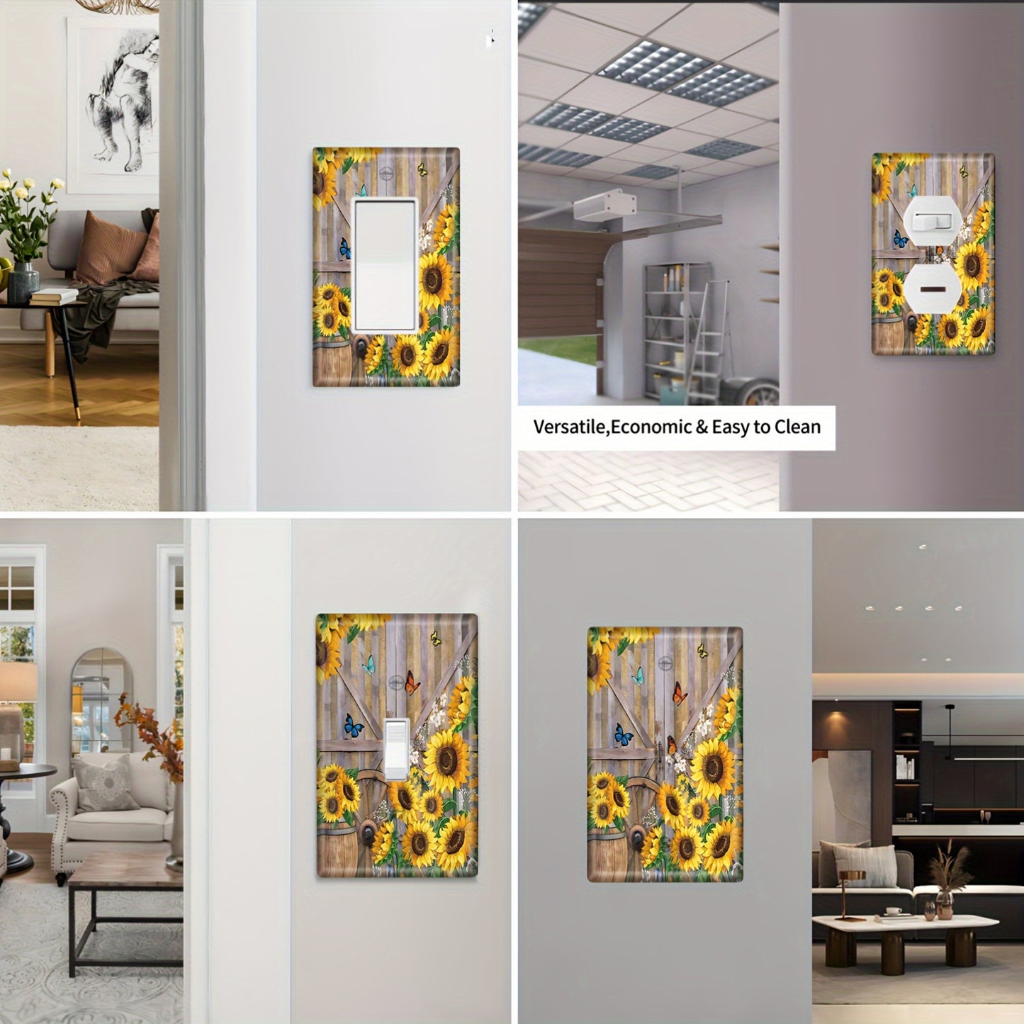 Sunflower barn door print wall plate cover for home decor, easy to install and clean, unbreakable switch and outlet covers.