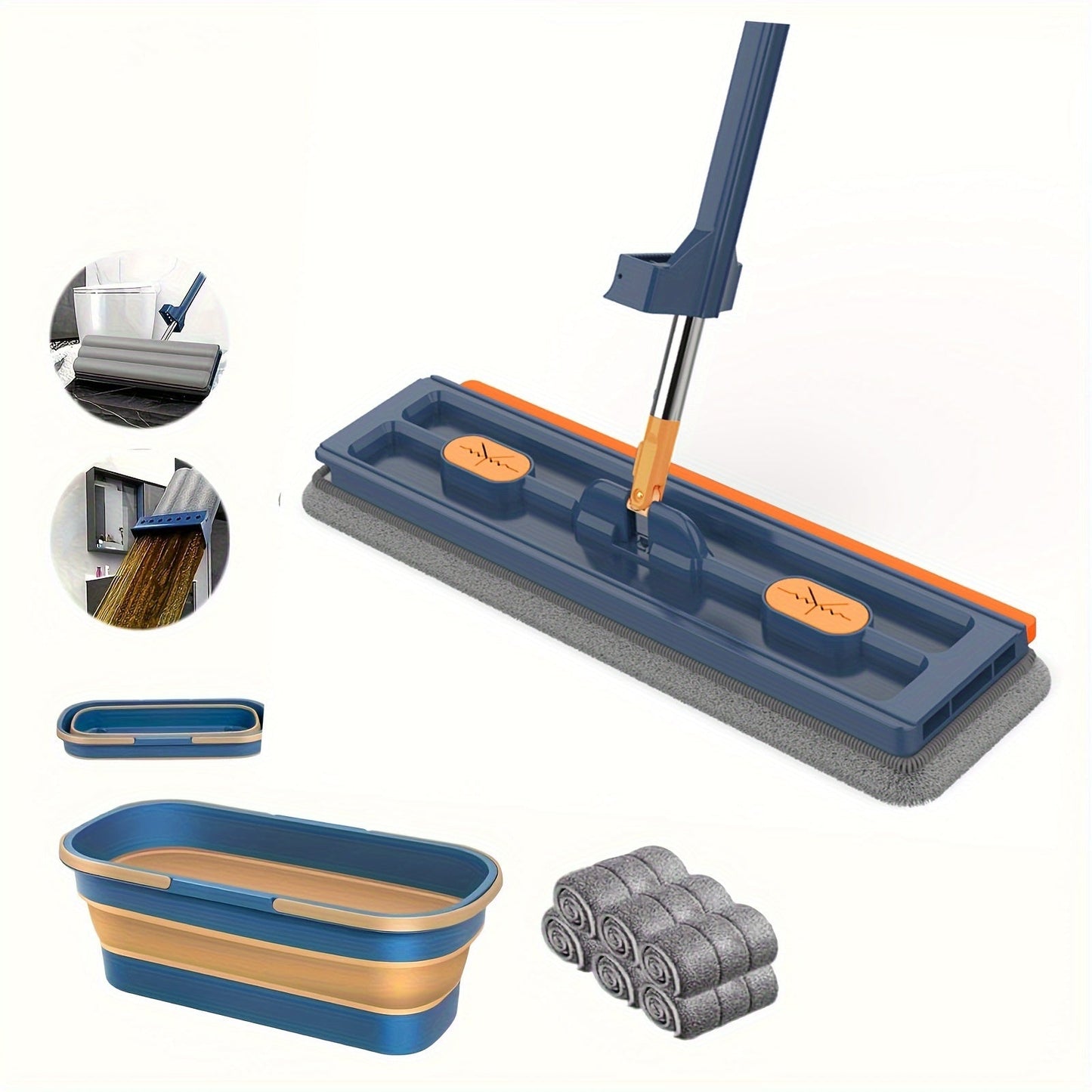 New and Improved for 2024! Large Flat Mop Set with Bucket & Squeegee - 360° Rotation, Ideal for Wet/Dry Cleaning in Kitchen, Bathroom, Living Room, Bedroom - Sturdy Plastic Tool for Home Cleaning Needs