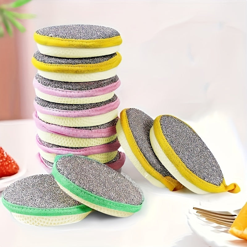 Twelve antibacterial kitchen scrub sponges included in this set, featuring double-sided non-scratching scrub pads for various cleaning tasks. These reusable and washable dishwashing brushes are high-quality cleaning accessories.