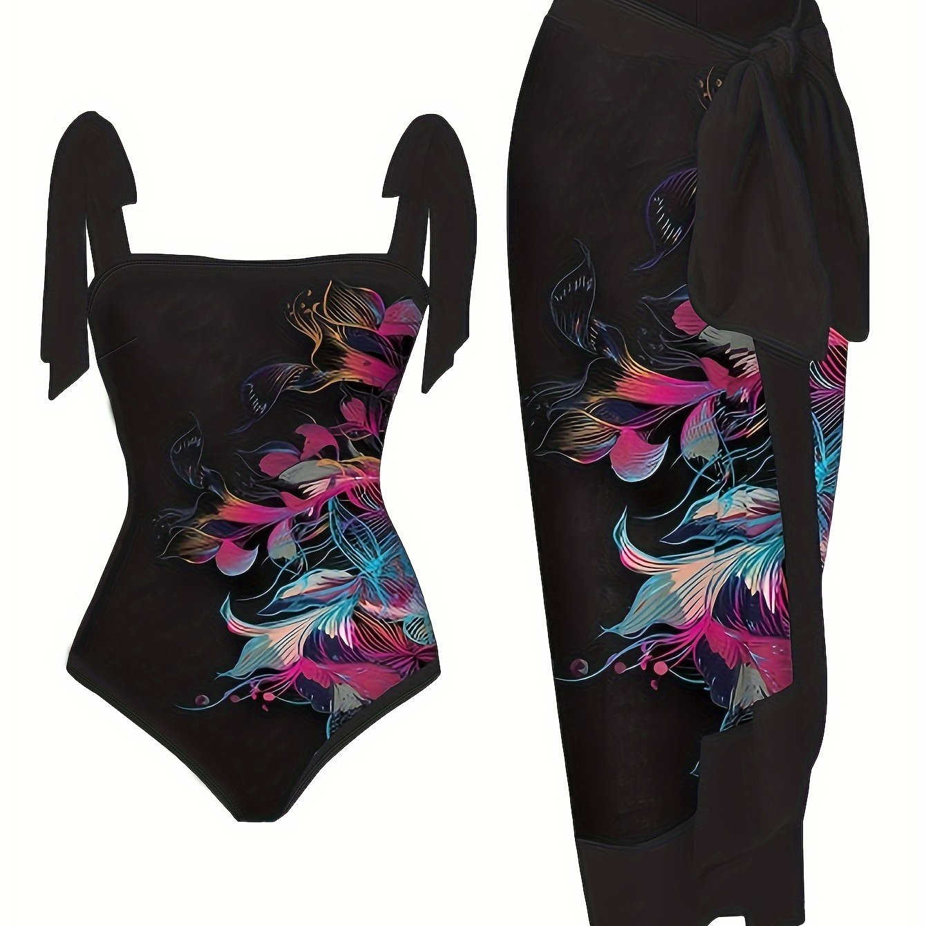 Plus size floral print swimwear set with cover up.