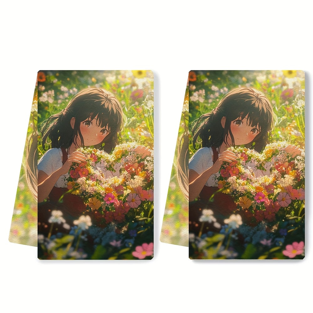 Set of 2 Ultra Soft Kitchen Towels featuring an Anime Girl creating a heart-shaped wreath with freshly picked flowers in a sunlit meadow. These dish hand towels are highly absorbent and perfect for holiday decor. Machine washable and measuring 16x24