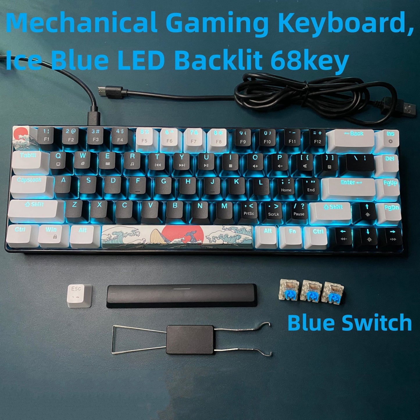 Compact 60% mechanical gaming keyboard with ice blue LED backlit and 68 keys. Features blue switch for Windows laptop and PC. Perfect gift for birthdays, Easter, President's Day, for boys