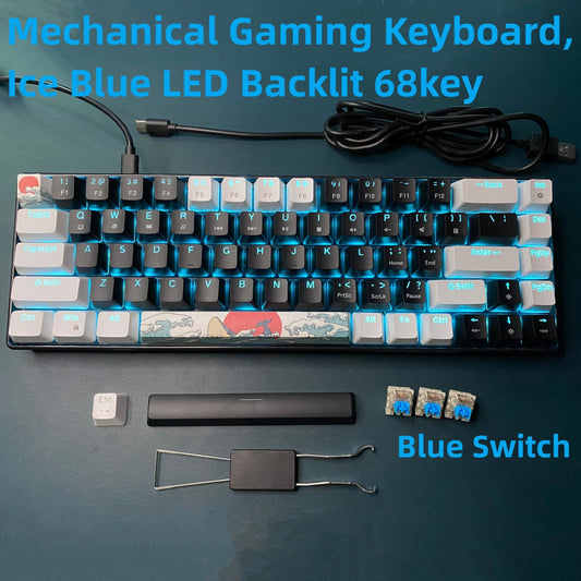 Compact 60% mechanical gaming keyboard with ice blue LED backlit and 68 keys. Features blue switch for Windows laptop and PC. Perfect gift for birthdays, Easter, President's Day, for boys