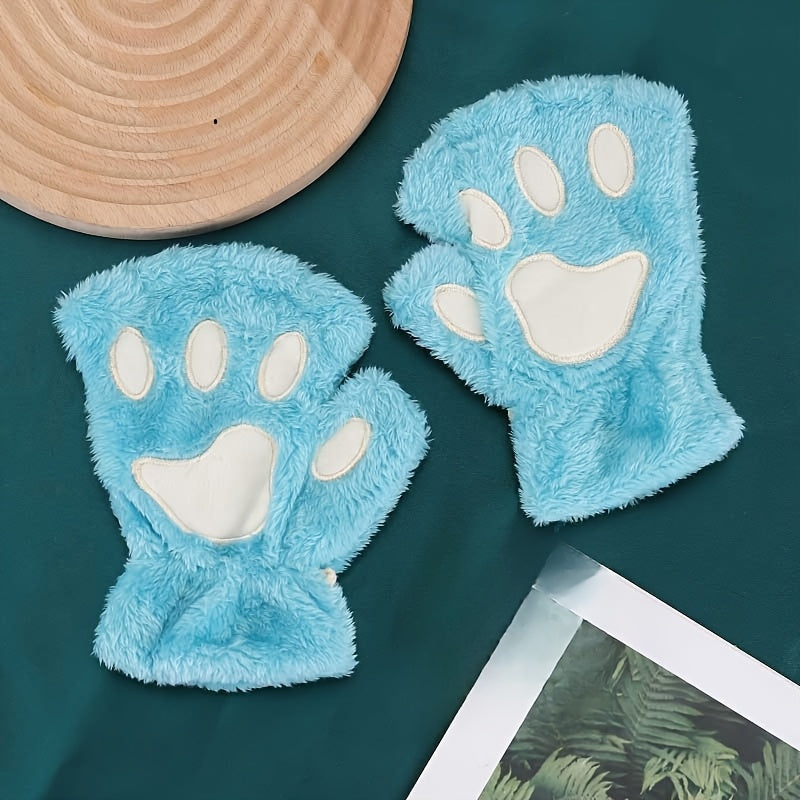 Stylish and Comfortable Cartoon Cat Paw Gloves, Featuring Thick Plush Half-Finger Design for Warmth & Fashion, Ideal for Parties.