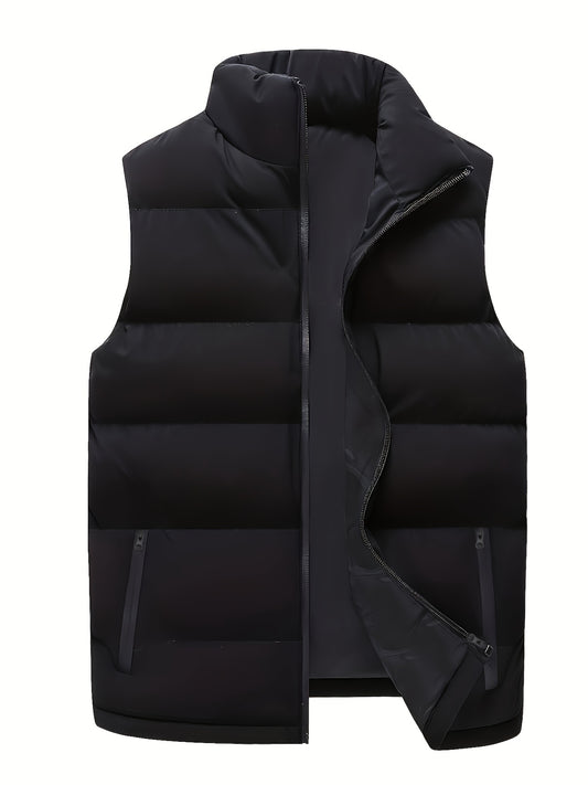 Men's plus size sleeveless padded vest with stand collar and zip-up front. Solid color polyester filled design with chest pockets, suitable for spring and fall.