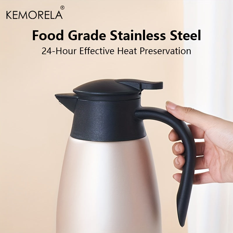 The KEMORELA 1.5/2L Thermal Kettle is made of durable stainless steel with vacuum insulation for 24-hour heat preservation. It has a large capacity and is perfect for home or office use, making it a portable and efficient coffee pot.